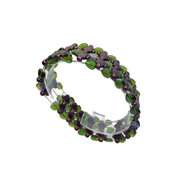 Green Purple & Brown Iridescent Boho Stretchy Beaded Bracelet Womens Jewelry - Picture 3 of 4